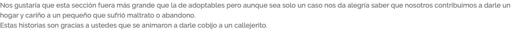 Nos gustaría que esta sección fuera más grande que la de adoptables pero aunque sea solo un caso nos da alegría saber que nosotros contribuimos a darle un hogar y cariño a un pequeño que sufrió maltrato o abandono. Estas historias son gracias a ustedes que se animaron a darle cobijo a un callejerito.